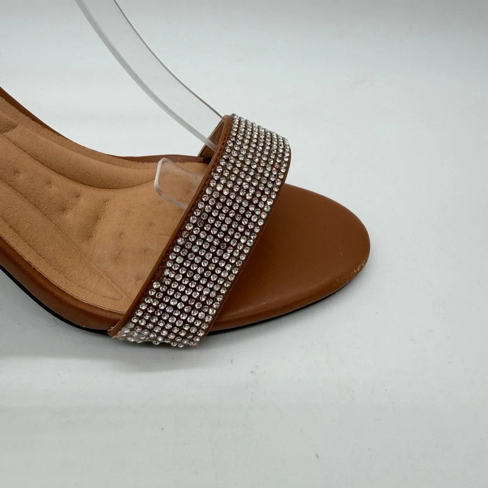 Womens Cognac Brown Rhinestone Ankle Strap Block Heel Sandals Size 9 Dressy